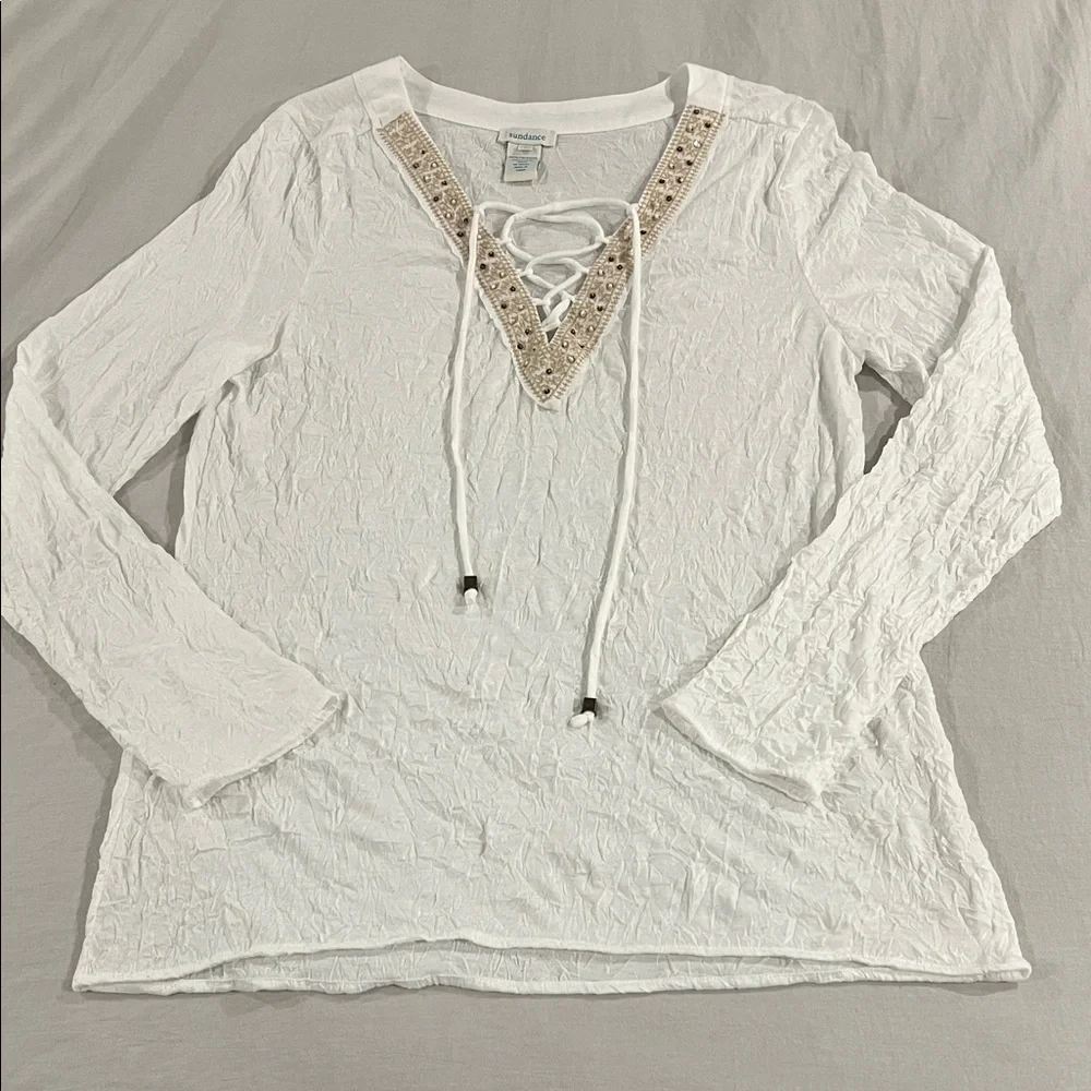 SUNDANCE Legacy Lace-Up V-Neck Crinkle Embroidered White Long Sleeve Breezy Top - Picture 2 of 7